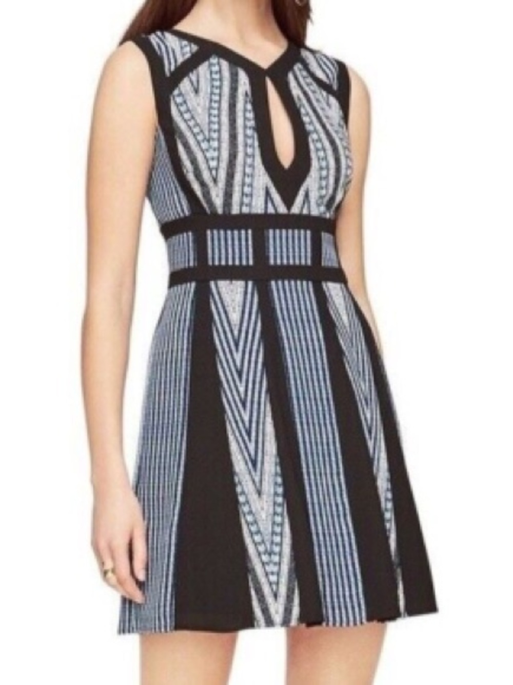 NWT BCBGMAXAZRIA Perla Print Blocked Fit & Flare Dress Blue Black size 02 chic